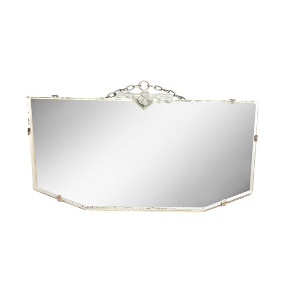 Vintage Art Deco Frameless Hanging Beveled Mirror With Chrome Vintage Art Deco Frameless Hanging