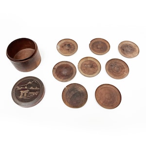 Vintage Mid Century Japanese Hand Carved Wooden Coasters W/ Holder - 9 Pieces