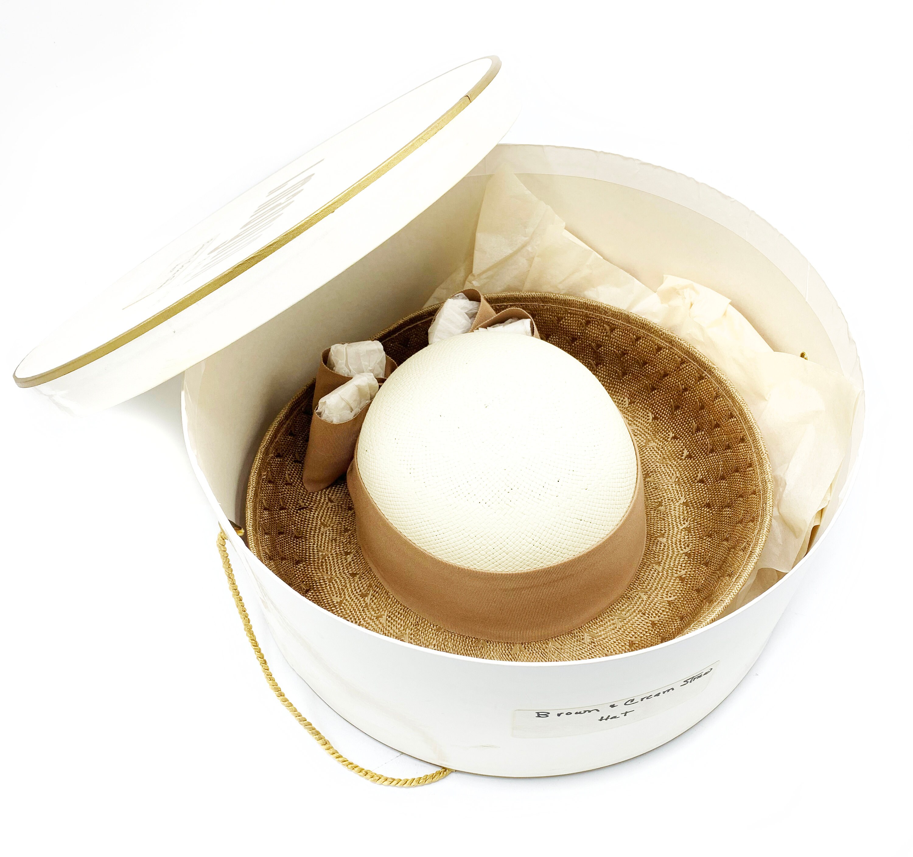 Vintage Breton Sonni Deep Brim Straw Ivory & Taupe Derby Hat With Box Wide Brim Sinamay Derby Hat: Ivory, Taupe, and Gold Feather  main image 2