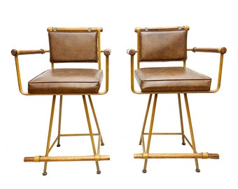 Mid-Century Modern Cleo Baldon Iron & Oak Iconic Tall Bar Stool Chairs - A Pair