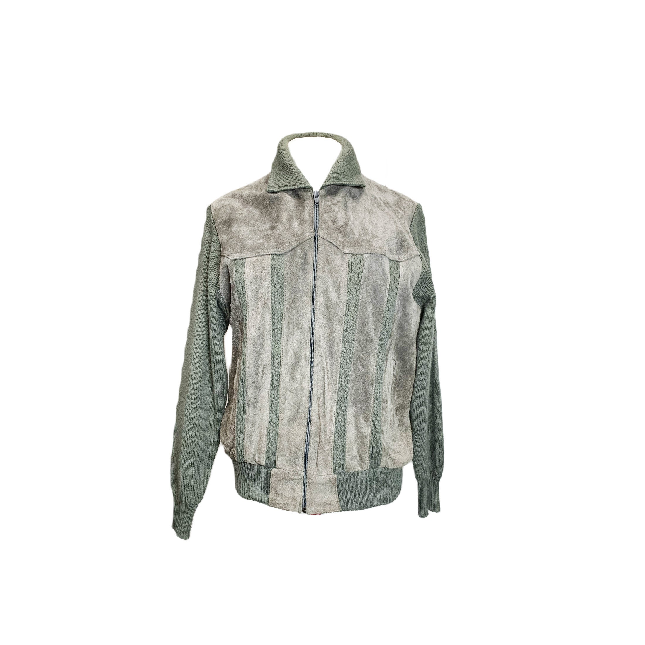 70's Retro Suede & Cable Knit Monochromatic Gray Bomber Jacket