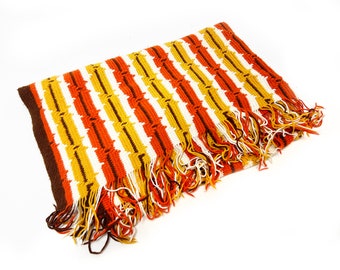 Retro 1970's Large Hand Made Colorful Striped With Fringe Blanket / Throw