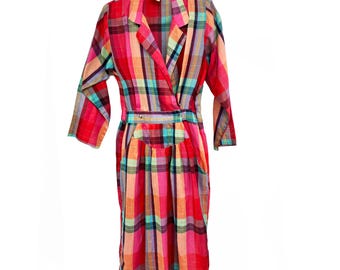 Vintage 1970s Colorful Plaid Wrap Dress – Polyester Cotton Blend – Needs Small Repair