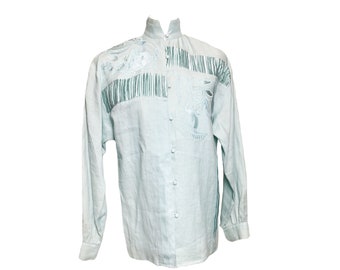 80's Rodeo Glam Verfraaide Lichtblauwe Button Up Blouse