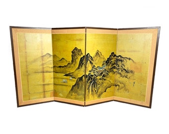 Vintage large mid century authentic hand painted and signed 4 panel framed Japanese mountainous landscape byōbu artwork