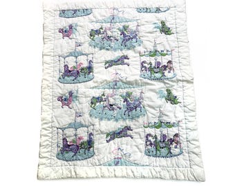 Vintage Handmade Carousel Baby Quilt | 1960s 1970s Crib Blanket | Whimsical Nursery Bedding | Pastel Storybook Quilt | 44 x 36.5