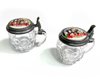 Antique  Pre-Prohibition Jetter Brewing Co Old Age Glass Lidded Beer Steins, South Omaha Nebraska Brewery Advertising c.1902–1914 - Set of 2
