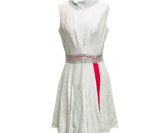 Vintage 1960s Handmade Silver Sparkle Dress with Scarf and Pink Accent – Medium