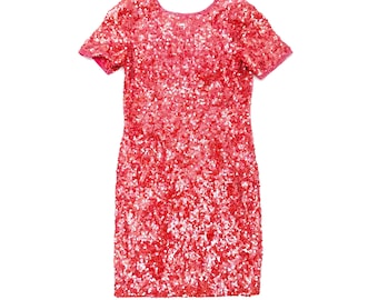Vintage 1980s Hot Pink Sequin Cocktail Dress – Short Sleeve, Low Back