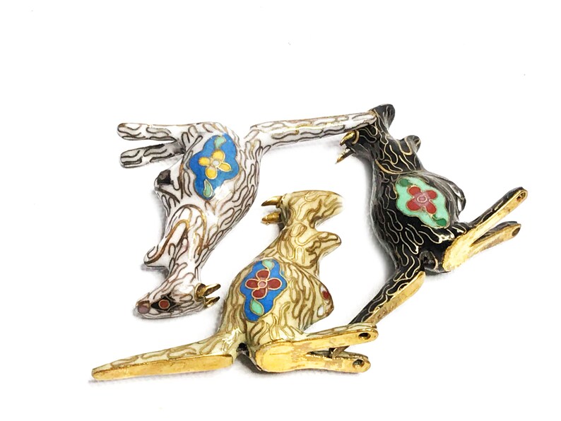 Vintage mid century set of 3 hand crafted Cloisonn\u00e9 mini kangaroo figurines