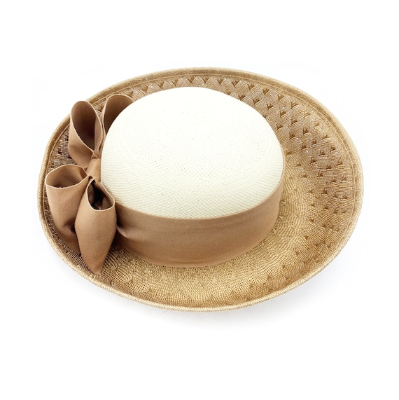 Vintage Breton Sonni Deep Brim Straw Ivory & Taupe Derby Hat 