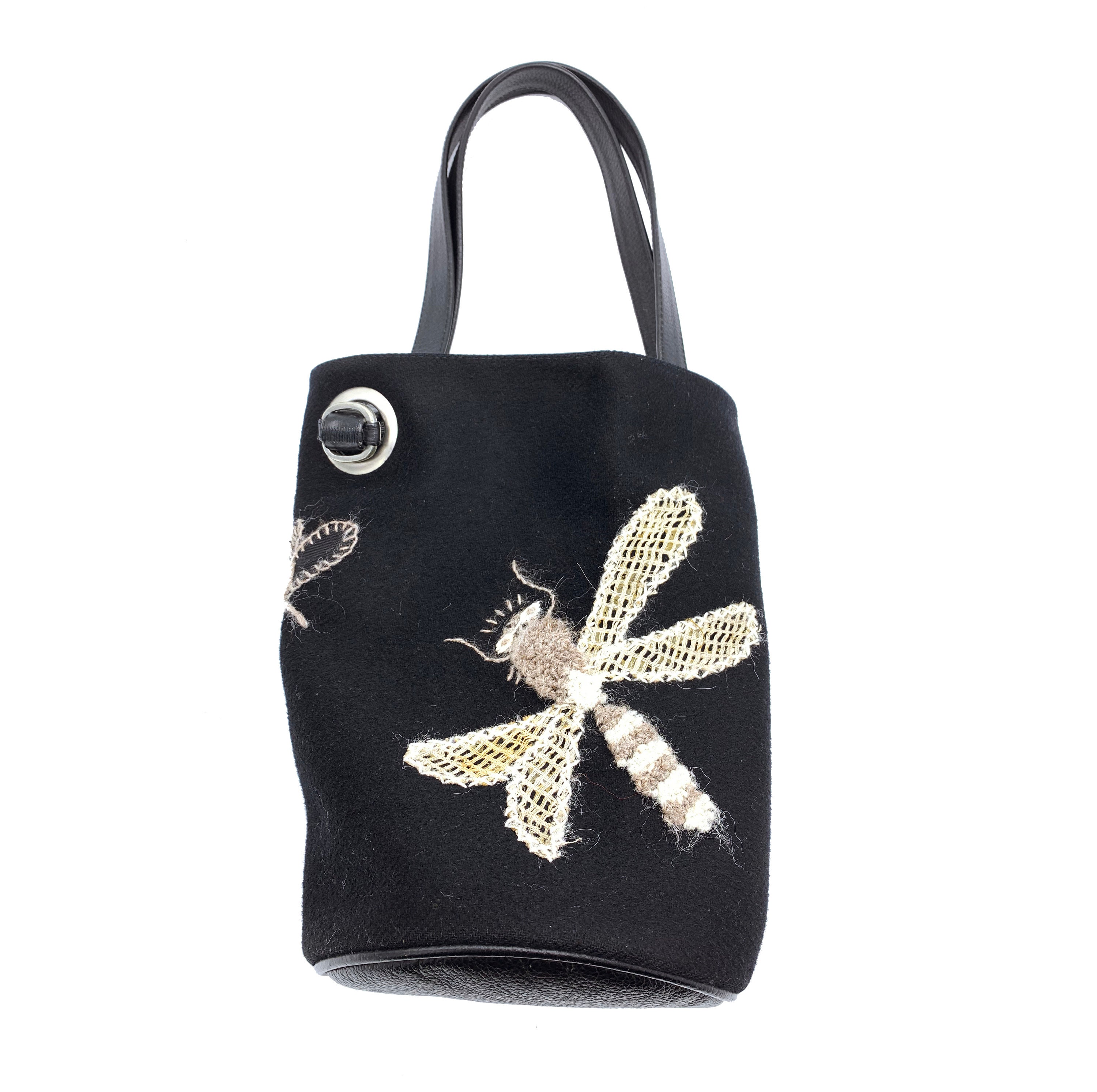 Vintage Tote Le Monde Black Wool and Leather Insect