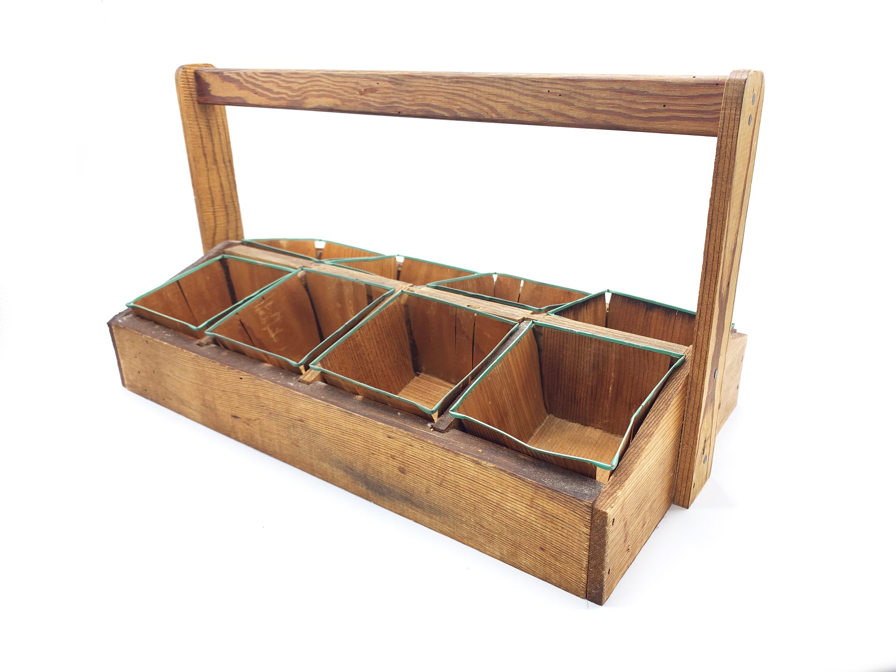 Antique Solid Wood Carpenters Crate With Tall Handle and 8