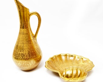 Mid Century Modern Stangl Hand Painted Granada Gold Ceramic Art Pitcher And Clam Shell Dish Set - 2 Pieces