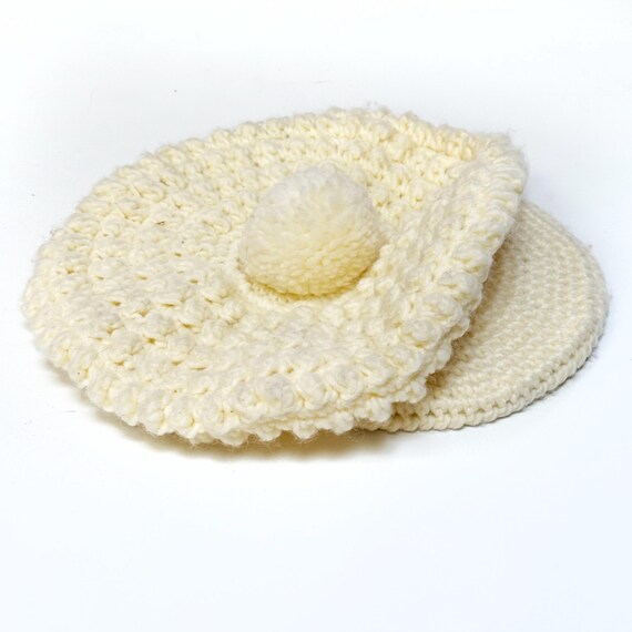 Vintage Mid Century Cream Knit Beret Hat With Pom - Etsy display picture 1