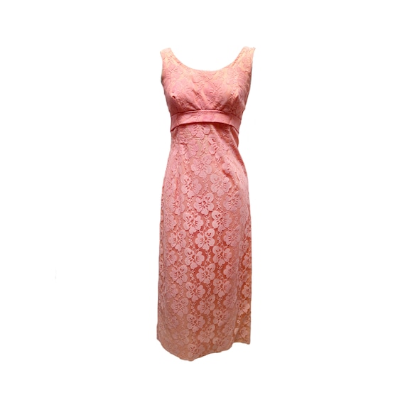 60's Mid-Century Pink Lace Empire Waist Maxi Form… - image 1