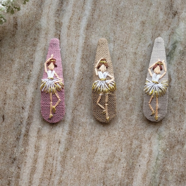 Hand embroidered pure linen hair clips/ballerina dancing girl/ party birthday holiday gift/ beige cream grey snaps clip/ vintage stylish