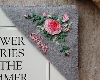 Hand embroidered personalised Corner Bookmark/ pink red roses/ booklovers/ readers gift/ birthday/ anniversary/ special occation/ summer