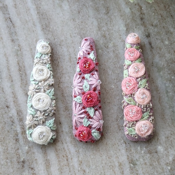 Hand embroidered pure linen hair clips/ white pink red roses/  daisies floral/ summer holiday/ birthday party/ special ocation/ large clip