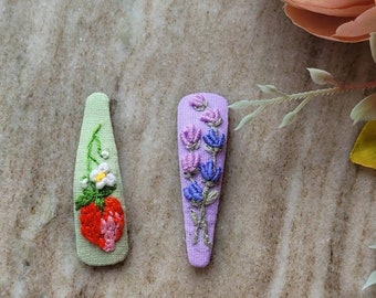 Hand embroidered hair clips/ floral fruit/ purple lavender/ girls and todler teenager/ strawberry / summer / holiday/ vintage/ red green