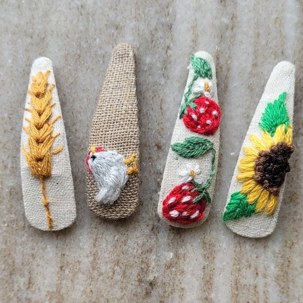 Hand embroidered hair clips/ strawberry/ wheat/ chicken/ Sunflower/ girls and todler Flower hair pin/ summer snaps clip/ gifts for girls