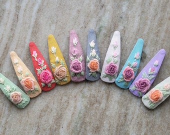 Hand embroidered hair snap clips/ girls toddler/ floral roses/ gifts for girls/ vintage fashion/ unique designer/ holiday party wedding