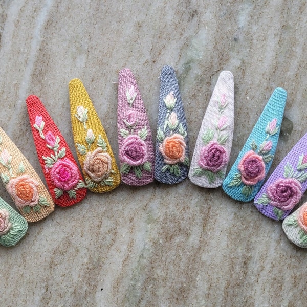 Hand embroidered hair snap clips/ girls toddler/ floral roses/ gifts for girls/ vintage fashion/ unique designer/ holiday party wedding