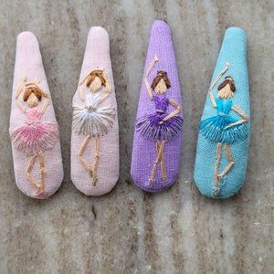 Hand embroidered pure linen hair clips/ballerina dancing girl/ party birthday holiday gift/ pink/ blue/ purple/ snaps clip/ vintage stylish