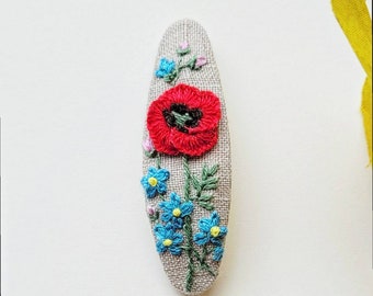 Hand embroidered hair clips/ poppy & forget me not/ girls todler/ snaps clip/ red oval / rememberance day/ special ocation/ summer holiday