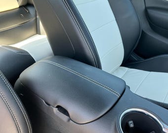 Center Console Armrest Cover For 2015-2020 Ford Mustang - Black Vinyl With Gray Stitching