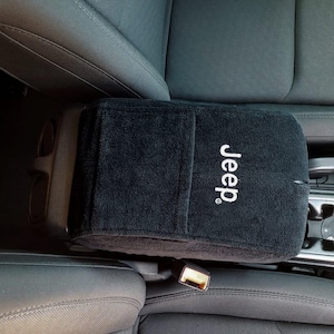 Jeep Gladiator & Wrangler Embroidered Logo Armrest Cover: Terry Velour Console Protector