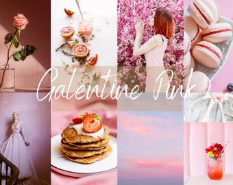 May include: A collage of images in shades of pink, featuring a pink rose, a pink sunset, a pink floral arrangement, a pink dress, a plate of pink pancakes with strawberries, and a pink drink with flowers. The text "Galentine Pink" is written in white cursive across the center of the collage.