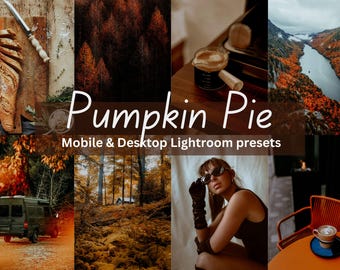 May include: A collage of images featuring autumnal scenes, including a forest, a lake, a woman wearing sunglasses, and a cup of coffee. The text "Pumpkin Pie" and "Mobile & Desktop Lightroom presets" is displayed on the image.