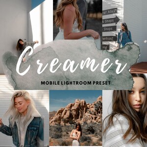 May include: A collage of images showcasing a mobile Lightroom preset called "Creamer". The preset creates a warm, creamy, and soft look in photos. The images feature people, landscapes, and architecture.