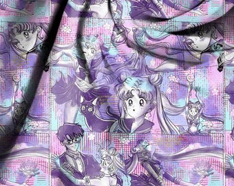 May include: A fabric with a repeating pattern of anime characters in shades of purple, pink, and blue. The design features various poses and scenes, with floral and geometric elements. The overall theme is a manga or anime style.