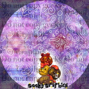May include: A digital illustration featuring a stack of four cartoon characters with round bodies and small wings. The characters are various colors, including brown, yellow, and red. The background is a purple and blue gradient with white line art.