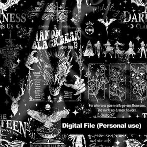 May include: Black and white digital file with a gothic theme. The design features a central illustration of a dragon, surrounded by text, floral elements, and figures. The text includes "MANON BLACKBEAR WORLD TOUR 13" and "Digital File (Personal use)".