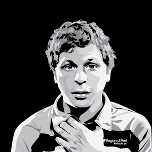 Puede incluir: Ilustración en blanco y negro de un hombre con el pelo corto y ondulado que lleva una camisa con cuello. Está mirando a la cámara con una expresión seria. El texto "Region of Peel" y "Working for you" es visible en la camisa.