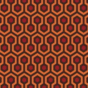 May include: A repeating pattern of interconnected orange and dark red hexagons and elongated shapes. The design is a symmetrical, geometric pattern with a retro aesthetic. The background is a dark brown color.