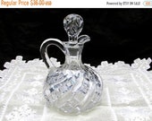 SALE Heavy Hand Blown Crystal Cruet, Antique Grated Diamond Crystal Cruet, Early American Crystal Cruet with Stopper