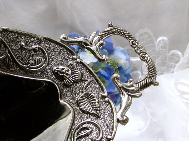 Silver Ornate Edged Footed Long Dish Silver Metal Double Handle Serving Dish Silver Metal Art Nouveau Style Relish Dish
