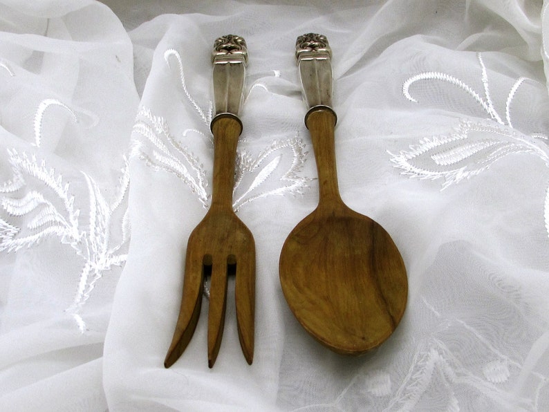 Royal Danish Pattern by Intl Silver Salad Servers Large Sterling and Wood Salad Serving Set Sterling Handle Fork and Spoon