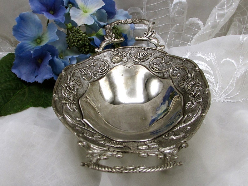 Silver Ornate Edged Footed Long Dish Silver Metal Double Handle Serving Dish Silver Metal Art Nouveau Style Relish Dish