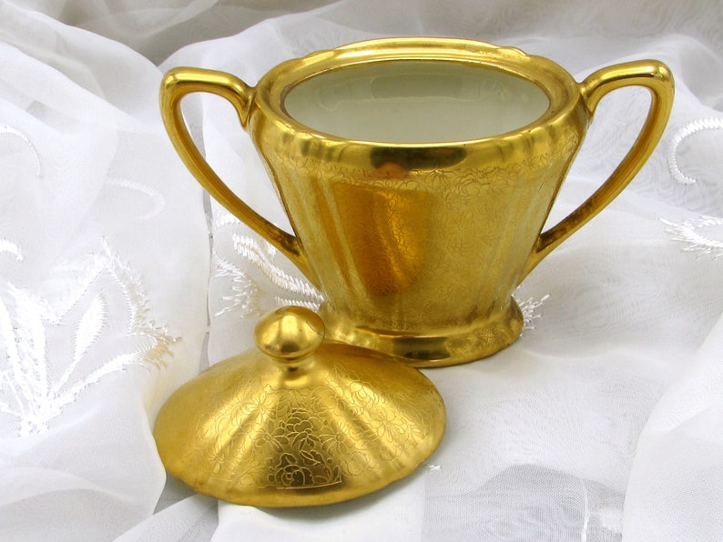 Double Handle Gold Encrusted Sugar Bowl Osborne Gold Lidded Sugar Bowl Two Handle Covered Sugar Bowl