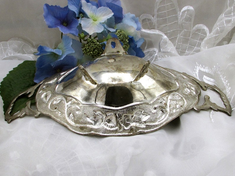 Silver Ornate Edged Footed Long Dish Silver Metal Double Handle Serving Dish Silver Metal Art Nouveau Style Relish Dish