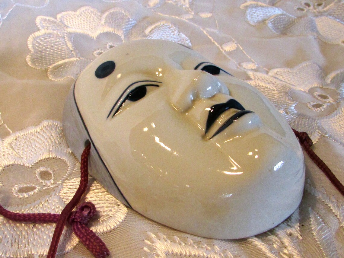 Asian Style Porcelain Wall Masks Vintage Blue Painted White Etsy