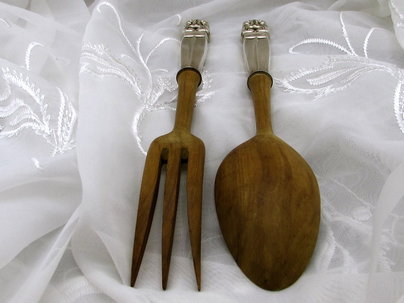 Royal Danish Pattern by Intl Silver Salad Servers Large Sterling and Wood Salad Serving Set Sterling Handle Fork and Spoon