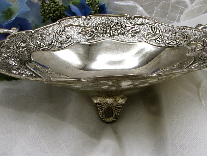 Silver Ornate Edged Footed Long Dish Silver Metal Double Handle Serving Dish Silver Metal Art Nouveau Style Relish Dish