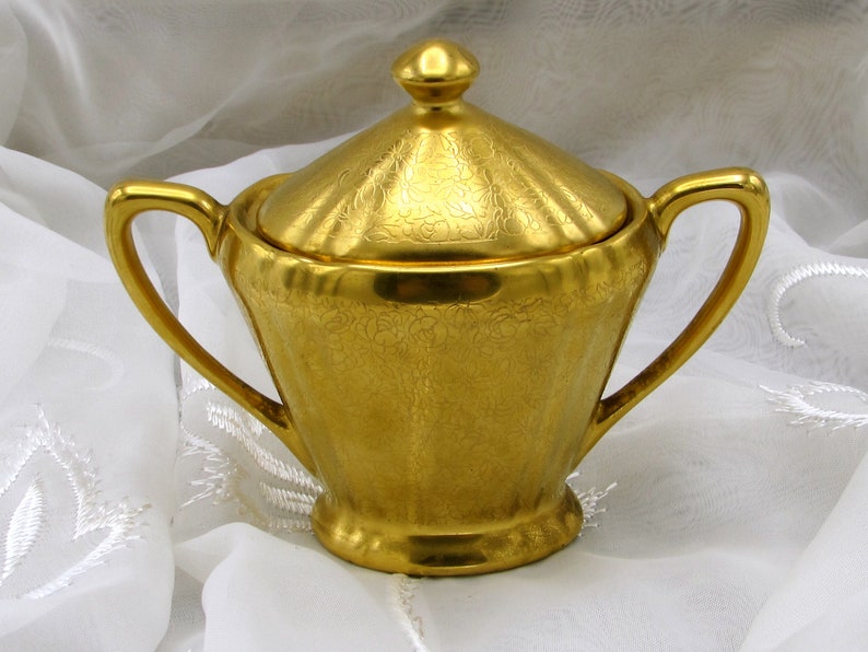 Double Handle Gold Encrusted Sugar Bowl Osborne Gold Lidded Sugar Bowl Two Handle Covered Sugar Bowl