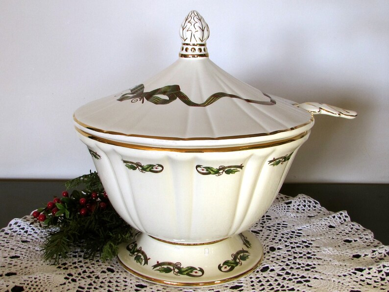 Holly Holiday Soup Tureen with Ladle Plaid Ribbon and Holly Etsy